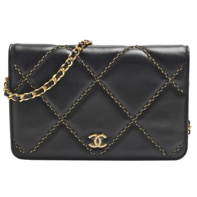 【CHANEL 香奈兒】經典金線菱格紋小羊皮WOC斜背包(黑色AP3405L-BLK-GP)