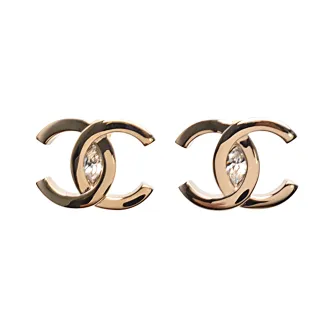 【CHANEL 香奈兒】經典大雙C LOGO寶石鑲飾穿式耳環(金色ABA654-OR)