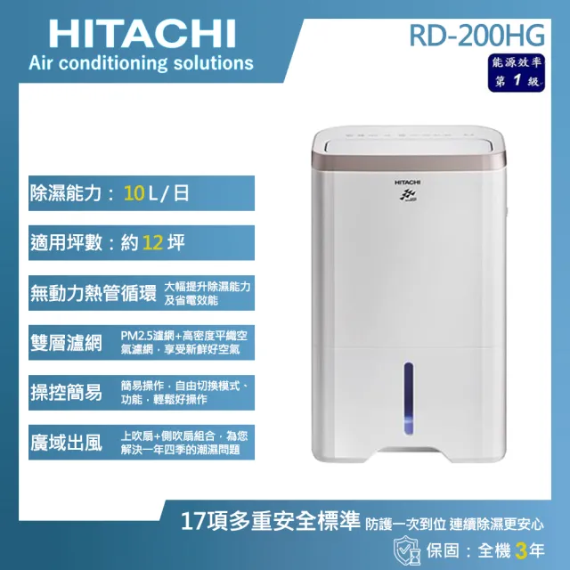 【HITACHI 日立】10公升一級能效除濕機(RD-200HG)