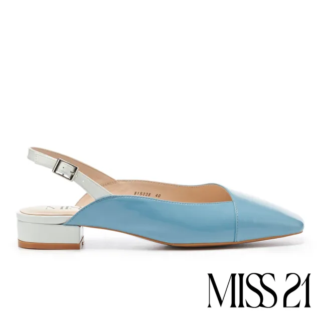 【MISS 21】日常法式拼接設計牛皮小方頭粗跟鞋(霧藍)