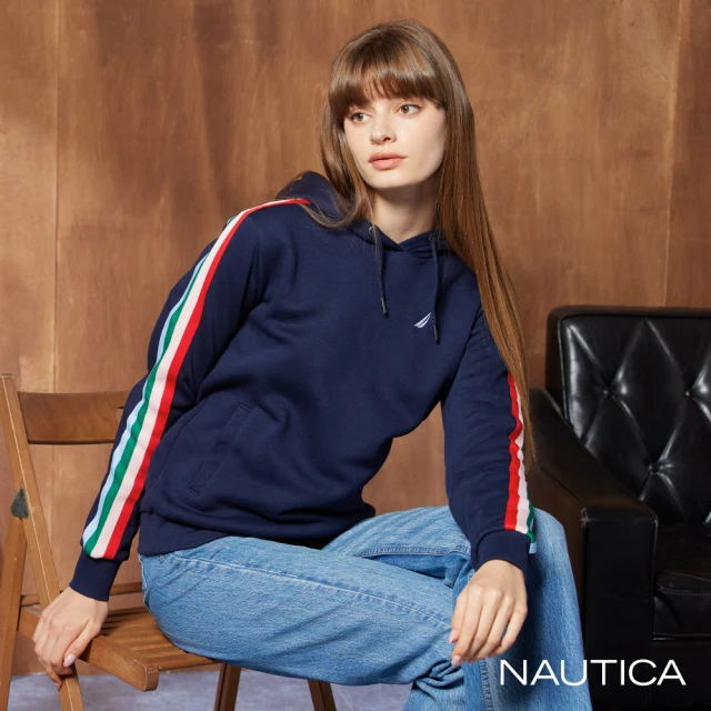 NAUTICA 女裝 繽紛線條長袖帽T(藍)