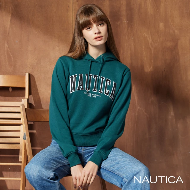 NAUTICA 女裝 大寫字母經典長袖帽T(綠)