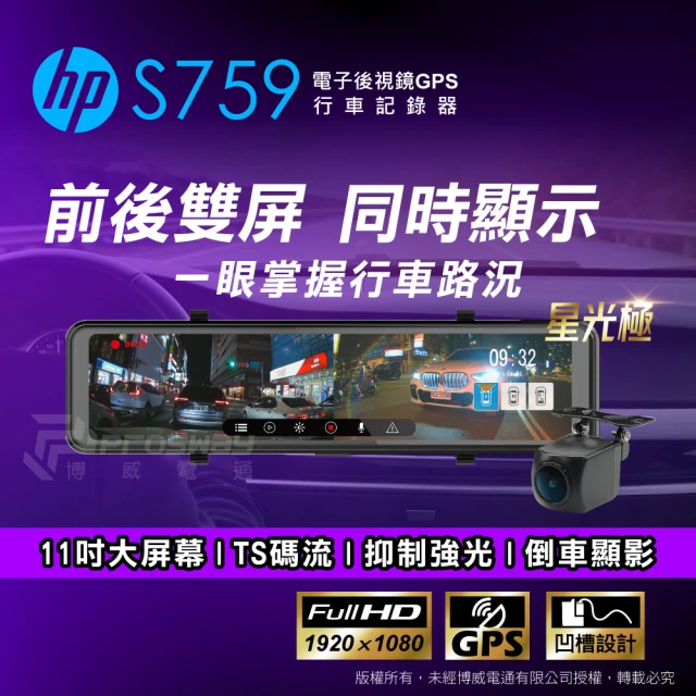 HP 惠普 S759 後視鏡型 汽車行車記錄器(贈32G記憶