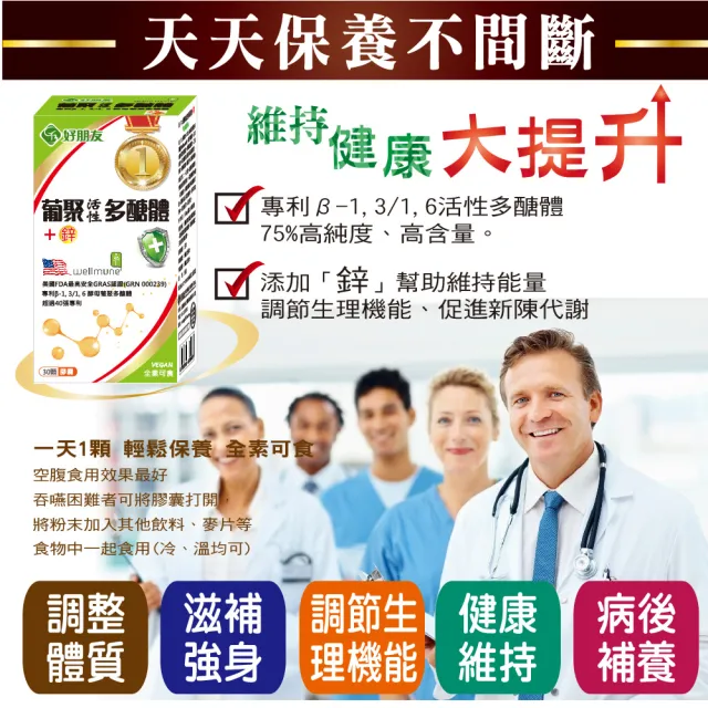 【好朋友】葡聚活性多醣體+鋅 素食膠囊30顆x4盒(40項世界專利)