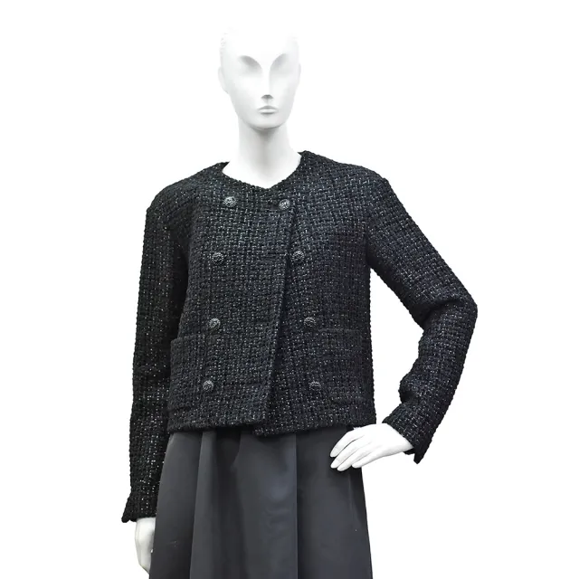 【CHANEL 香奈兒】經典品牌LOGO扣子編織雙排扣外套(黑色P73350-BLK)