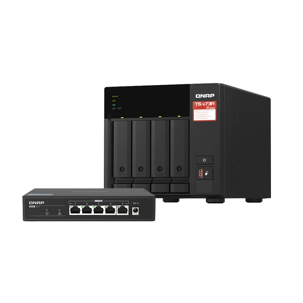 【QNAP 威聯通】TS-473A-SW5T 4-Bay NAS+QSW-1105-5T 2.5G 交換器組合包(不含硬碟)