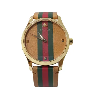 【GUCCI 古馳】529694 經典G-Timeless雙色牛皮錶帶指針式石英手錶(棕色-38mm)