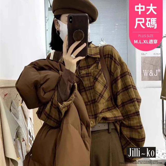 JILLI-KO 美式復古女寬鬆慵懶格子襯衫中大尺碼-F(黃/深綠)