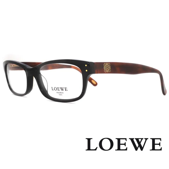 【LOEWE 羅威】簡約側LOGO俐落風格-方框光學眼鏡(黑/深咖鏡腳 VLW830-0700)