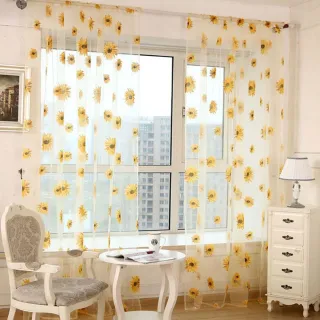 【JEN】黃色太陽花透光透氣穿桿式落地窗簾窗紗(2尺寸可選)