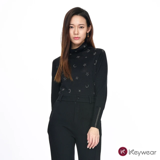 KeyWear 奇威名品 圖騰設計混羊毛針織衫(黑色)