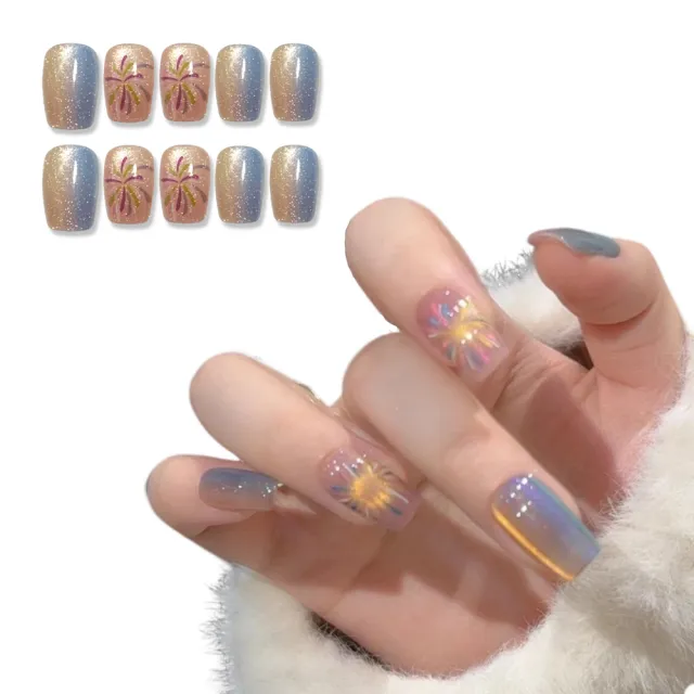 【Paula’s Nail 寶拉美甲】貓眼系列 - 藍漸層煙火短方(穿戴甲 指甲貼 凝膠指甲 美甲貼 指甲貼片)