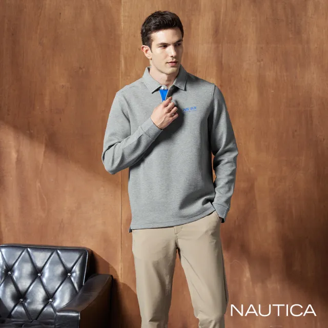 【NAUTICA】男裝 品牌旗幟印花長袖POLO衫(灰)