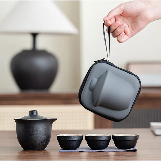 【Life shop】粗陶旅行茶具組/附旅行收納包(泡茶組 茶具 旅行茶具 隨身泡茶組 簡易泡茶 茶器套組)