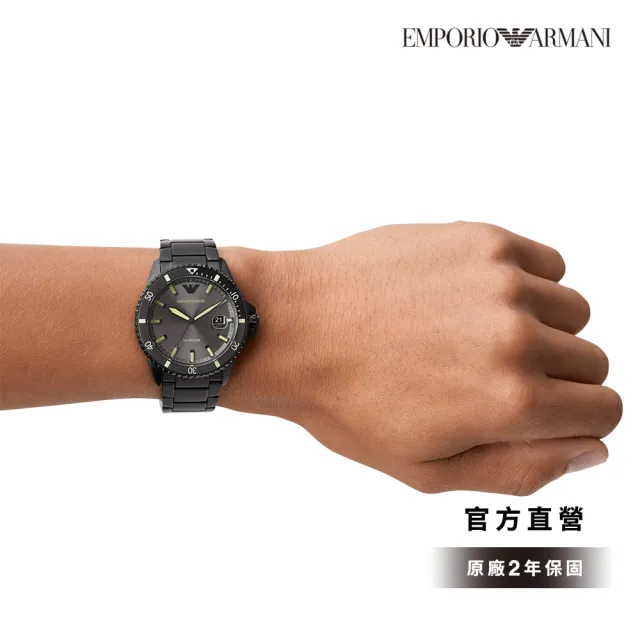 【EMPORIO ARMANI  官方直營】Diver 都會魅力日曆潛水手錶 黑色不鏽鋼鍊帶 42MM AR11398