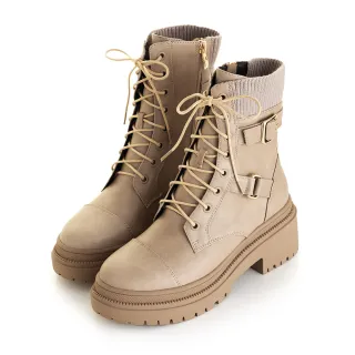 【amai】率性甜酷風綁帶厚底靴 馬丁靴 短靴 短筒靴 粗跟 厚底 時尚 百搭 英倫風 大尺碼 GB826BE(杏色)