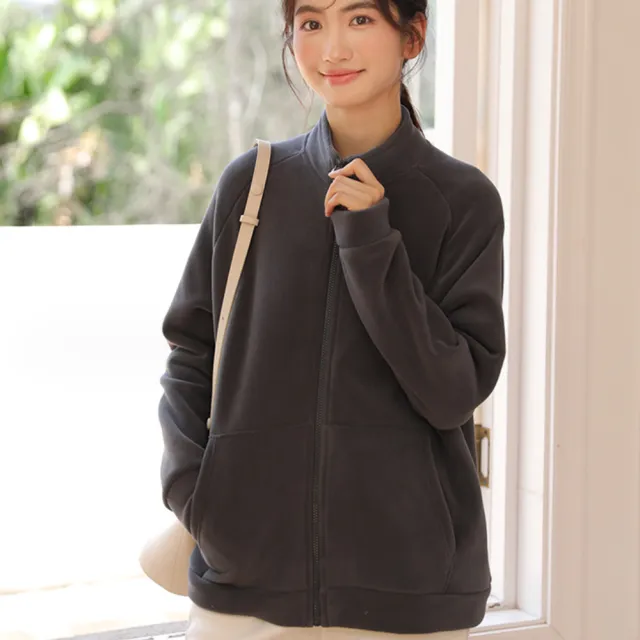 【Amirr 艾米爾】★保暖小立領搖粒絨休閒開衫外套(女上衣/長袖/保暖)