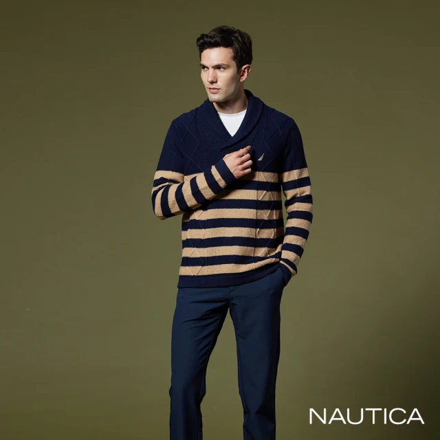 【NAUTICA】男裝 大翻領條紋長袖針織衫(深藍)