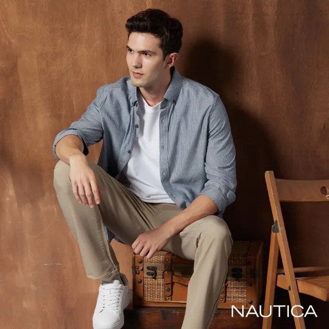 【NAUTICA】男裝 質感細條紋長袖襯衫(灰藍)