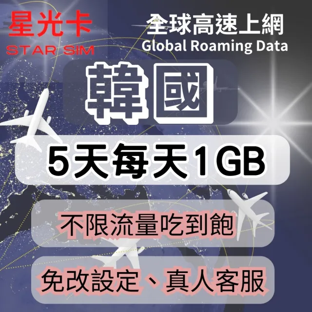 【Star SIM 星光卡】韓國上網卡5天每天高速1GB後降速128k(可熱點分享 三合一卡 免改設定)