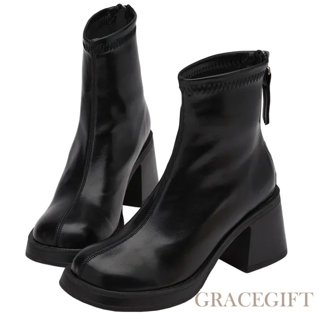 【Grace Gift】比例甜心圓頭後拉鏈中高跟靴