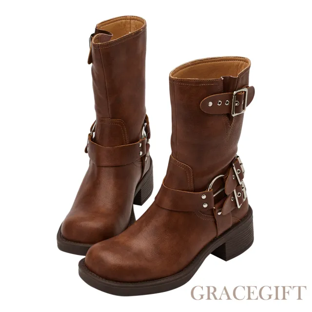 【Grace Gift】騎士金屬釦環圓頭粗跟中筒靴