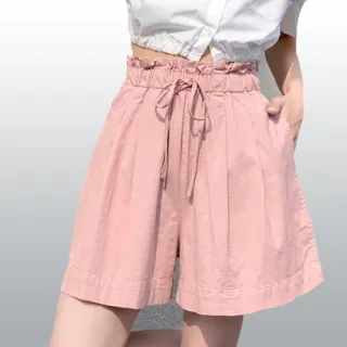 【YAKPAK】韓國海運版腰頭鬆緊帶荷葉挺版反摺女休閒短褲