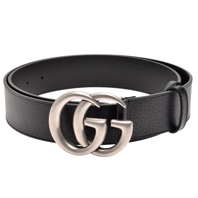 GUCCI 古馳 經典仿舊銀色金屬雙G LOGO牛皮釦式腰帶/皮帶(黑406831-DJ20N-1000)