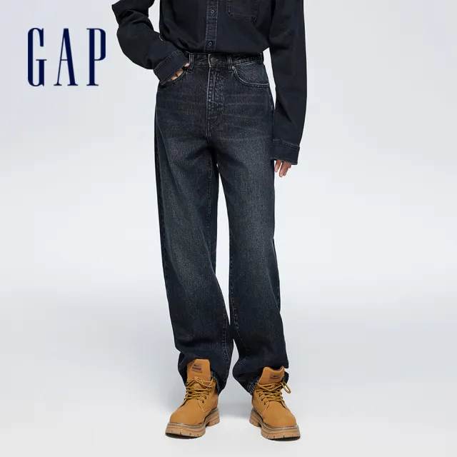 【GAP】男裝 Logo印花寬鬆牛仔褲-黑色(889520)