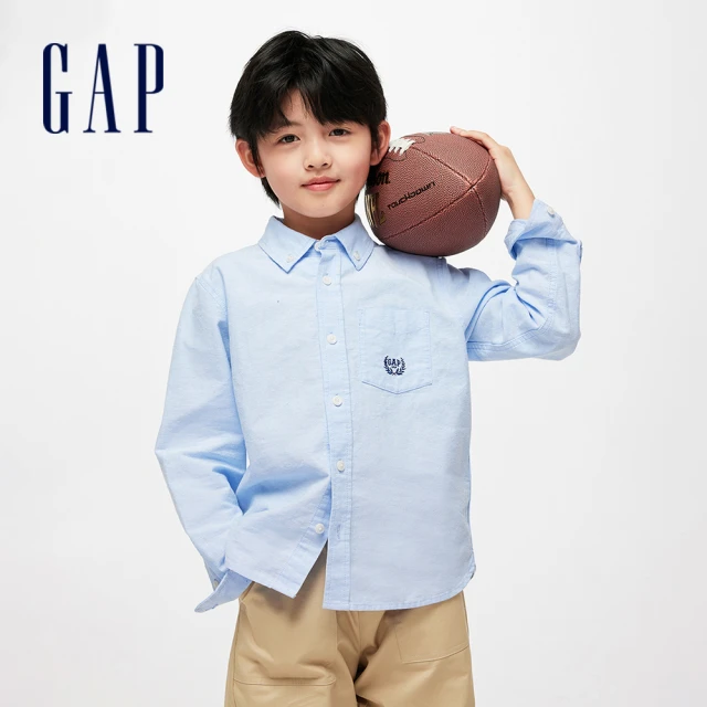 GAP 男童裝 Logo印花圓領長袖T恤-黃灰撞色(8919