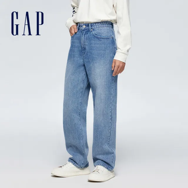 【GAP】男裝 Logo印花寬鬆牛仔褲-淺藍色(889520)