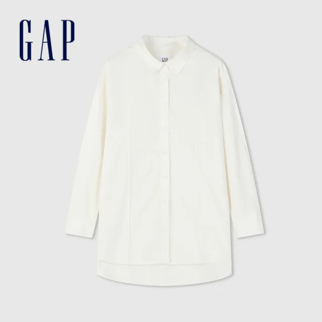 【GAP】女裝 Logo純棉翻領長袖襯衫-白色(890012)