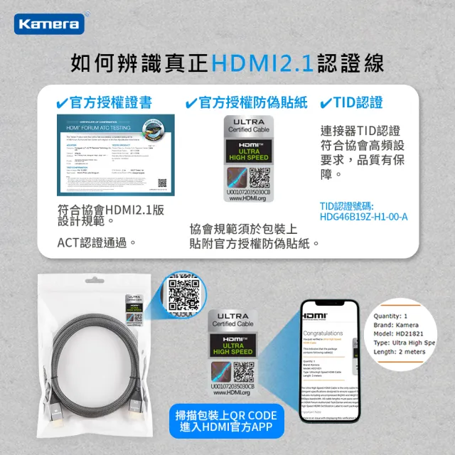 【Kamera 佳美能】HDMI線 2.1版 協會認證 2M 公對公 8K@60Hz 高速影音傳輸線(4K@120Hz)