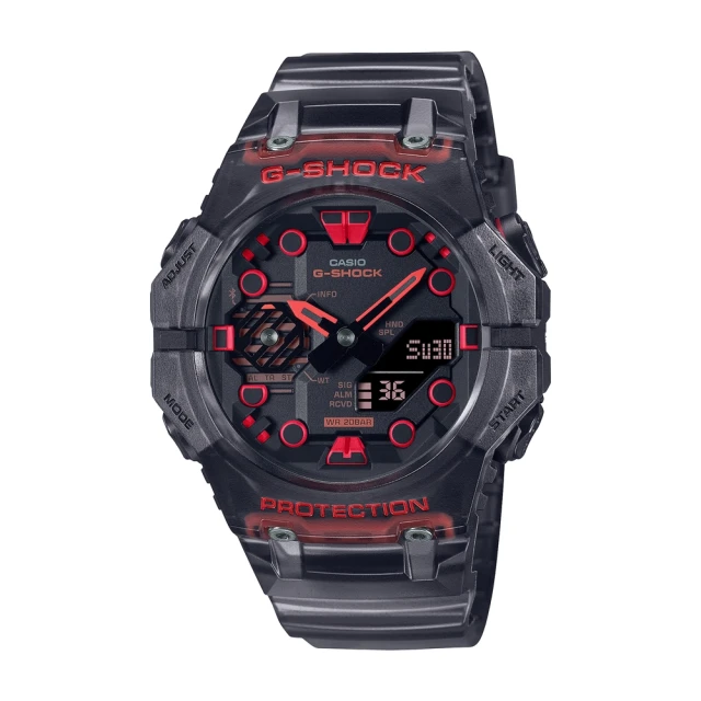 CASIO 卡西歐 G-SHOCK 藍牙 碳纖維核心防護 半透明 機械戰甲 科幻炫黑紅(GA-B001G-1A)