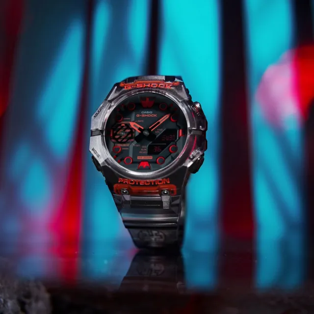 【CASIO 卡西歐】G-SHOCK 藍牙 碳纖維核心防護 半透明 機械戰甲 科幻炫黑紅(GA-B001G-1A)