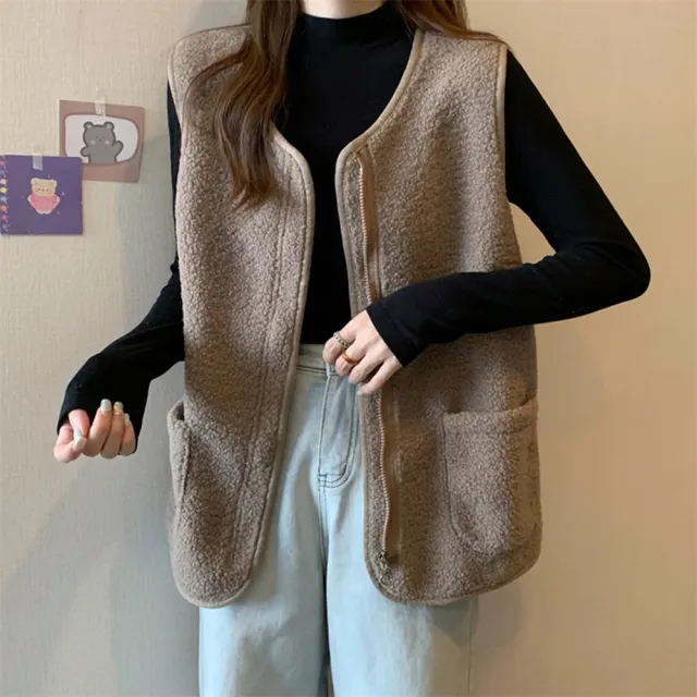 【D.studio】韓版毛絨口袋拉鍊背心外套(上衣 女裝 衣服 外套 長袖上衣 毛衣 J327)