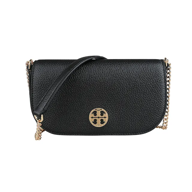 【TORY BURCH】Chelsea金屬LOGO荔枝紋皮革翻蓋吸扣小斜背包(黑)