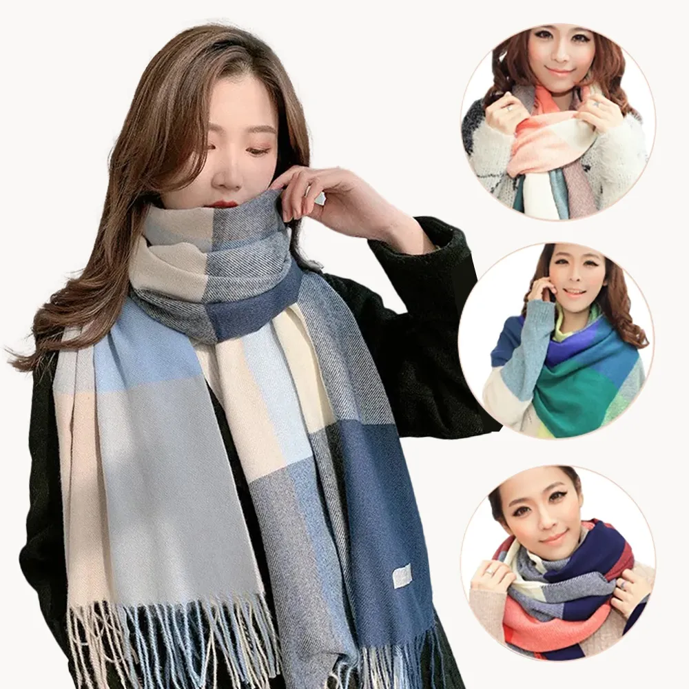 【幸福揚邑】羊絨質感格紋保暖圍巾/披肩(4款可選)