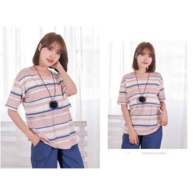 【漂亮小媽咪】夏日 純棉 哺乳衣 哺乳 條紋 上衣 短袖 條紋 孕婦裝 