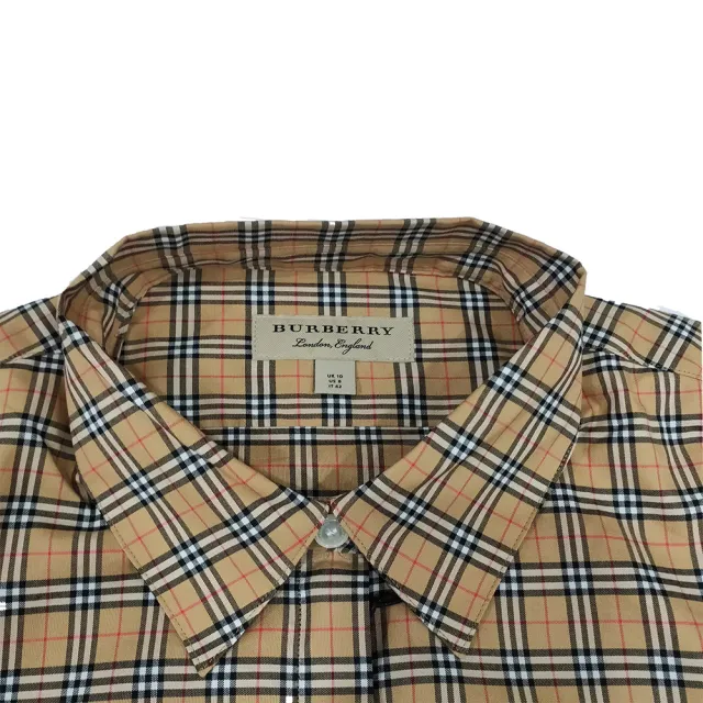 【BURBERRY 巴寶莉】8003121 經典棕色小格紋棉質長袖襯衫(棕色M號)