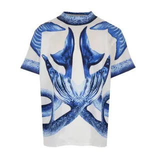 【BURBERRY 巴寶莉】8040686 圓領衣服海洋魚尾藍白純棉上衣T恤(藍白色)