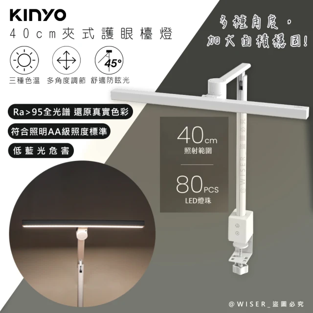 KINYO 夾式桌燈Ra95高顯色護眼檯燈/PLED-7137(國際AA級/防眩光/低藍光)