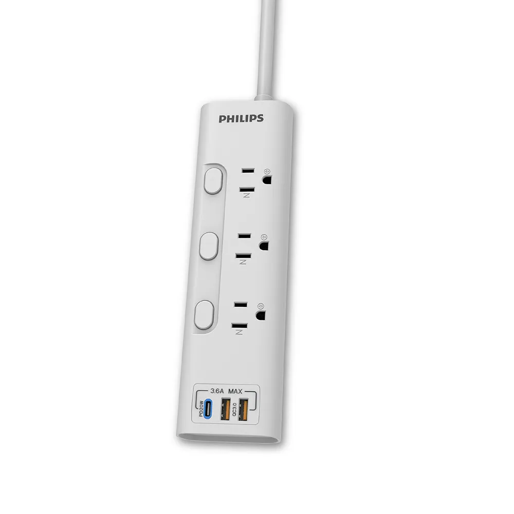 【Philips 飛利浦】新安規 3開3插 2USB+Type C PD 20W延長線1.8米(CHP8430)