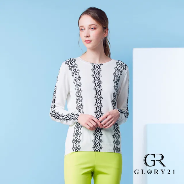 【GLORY21】速達-網路獨賣款-幾何圖騰薄針織上衣(白色)