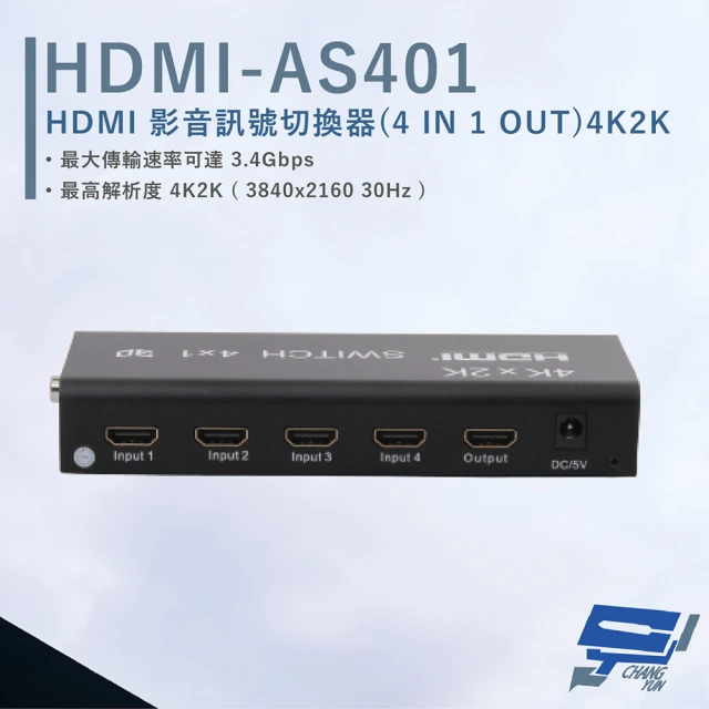 【CHANG YUN 昌運】HANWELL HDMI-AS401 HDMI 影音訊號切換器 解析度4K2K@30Hz HDMI4入1出