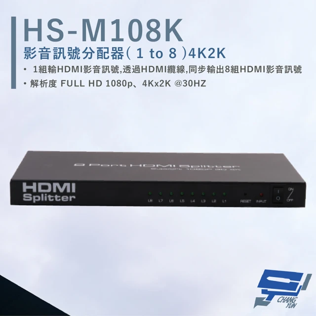 【CHANG YUN 昌運】HANWELL HS-M108K 影音訊號分配器 解析度4K2K@30Hz HDMI1入8出