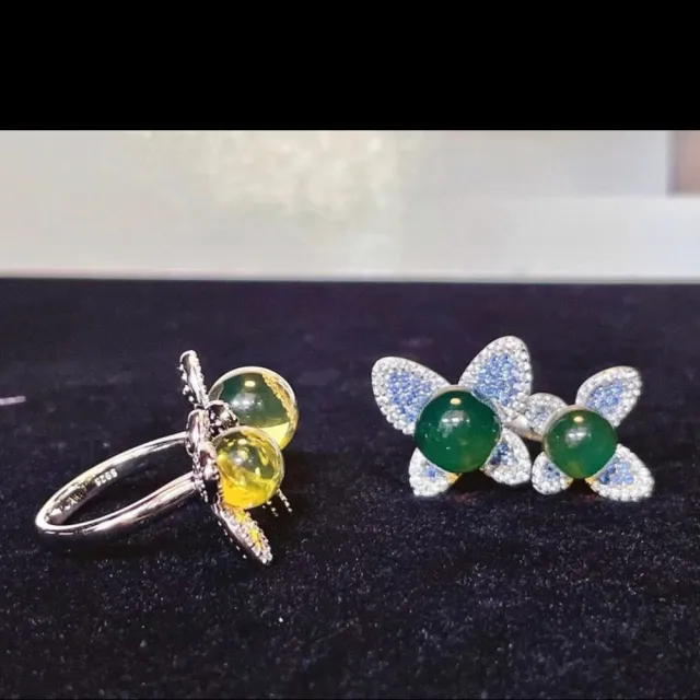 【勝弘珠寶】多明尼加藍珀飛翔蝴蝶戒指-8mm