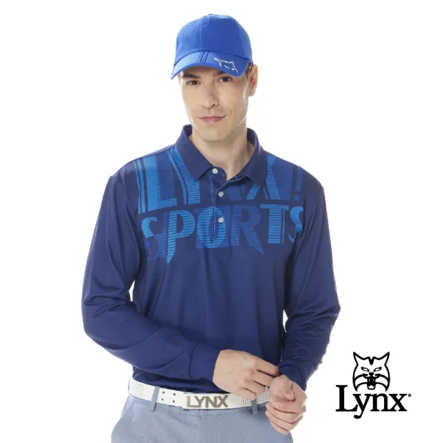 【Lynx Golf】男款吸濕排汗機能個性潮流LOGO字樣印花長袖POLO衫(丈青色)