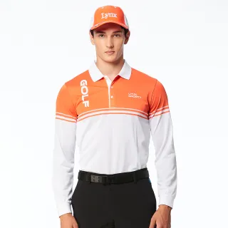 【Lynx Golf】男款網眼材質半身配色Lynx Sporty字樣印花長袖POLO衫(橘色)