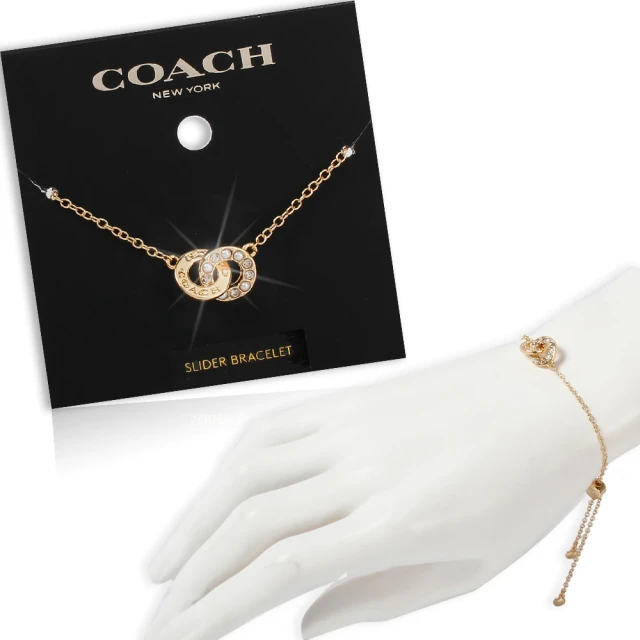 COACHCOACH 簡約LOGO字樣互扣珍珠水鑽雙圓造型手鍊.項鍊(淺金色-任選)